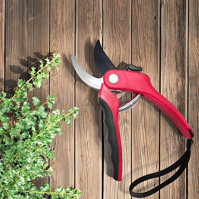 Nevlers 8" Red Bypass Pruning Shears for Gardening | Heavy Duty Garden Shears & Hand Pruners | Stainless Steel Plant Trimmer Blades w/ 8mm Cut Cap | Ergonomic Spring-Assisted Garden Clippers Handheld