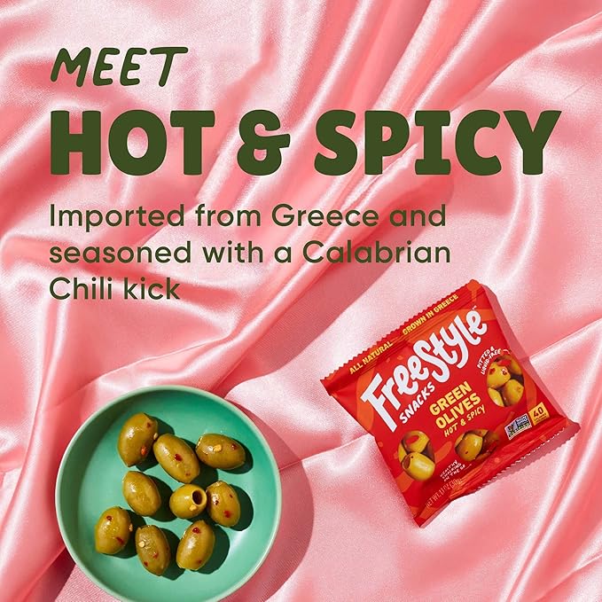 Freestyle Snacks Olive Snack Packs - As Seen on Shark Tank - Single Serve - Fresh Pitted Green Olives, Grown in Greece, All Natural, Non-GMO, Sugar-Free, Salty Snack - Hot & Spicy, 1.1oz (6 Pack)