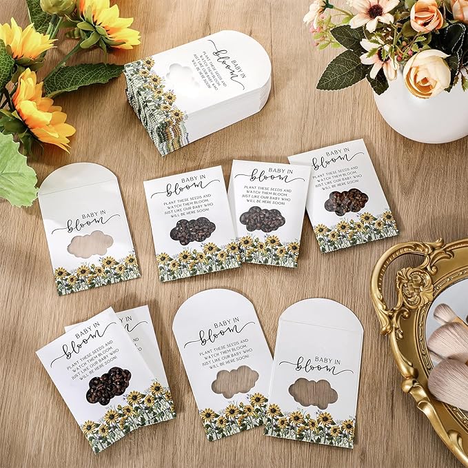 Fumete 50 Pack Baby in Bloom Seed Packets Baby Shower Party Favor for Guest Envelopes Kraft with Clear Window Resealable Seed Organizer Storage Bag for Gender Reveal Party, No Seeds(Sunflower)