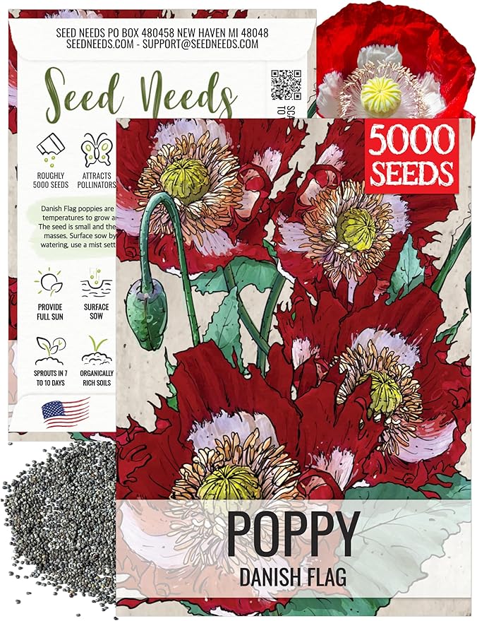 Seed Needs Danish Flag Poppy Seeds for Planting - Heirloom & Open Pollinated Annual Flowers - Attracts Pollinators/Butterflies to a Butterfly Garden (1 Pack)