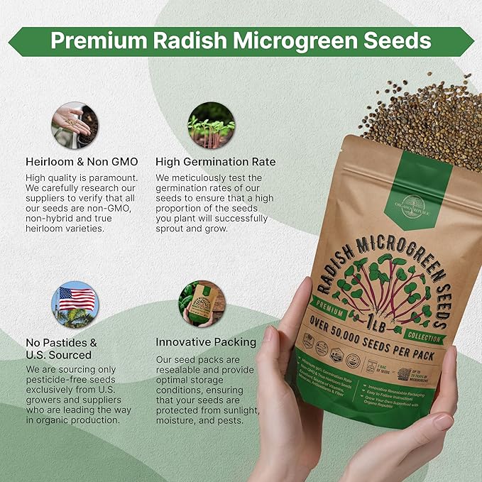 Organo Republic Radish Sprouting & Microgreens Seeds - Non-GMO, Heirloom Sprout Seeds Kit, 1lb Resealable Bag for & Growing Microgreens in Soil, Coconut Coir, Aerogarden & Hydroponic System.