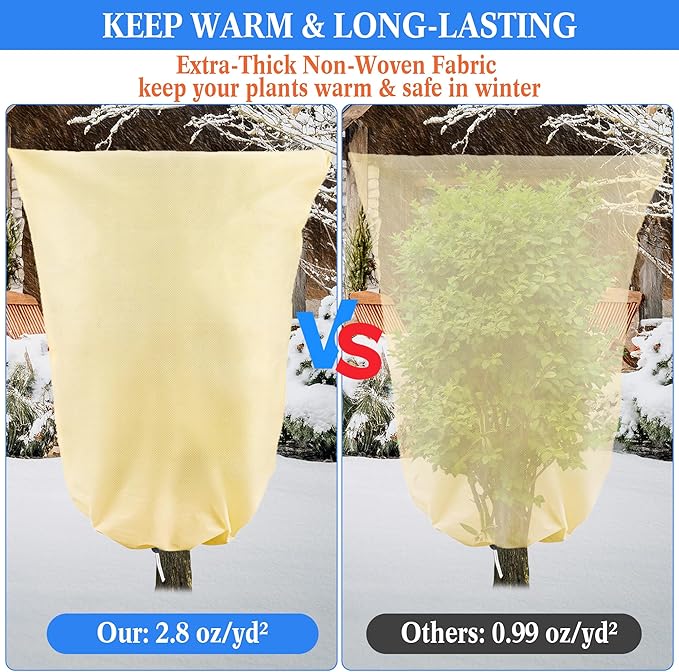 2 Pcs Plant Cover Freeze Protection, 47" x 70" Reusable Winter Frost Cover with Zipper & Drawstring, 2.8oz/yd² Heavy-Duty Tree Jacket for Outdoor Shrub & Fruit Tree Potted