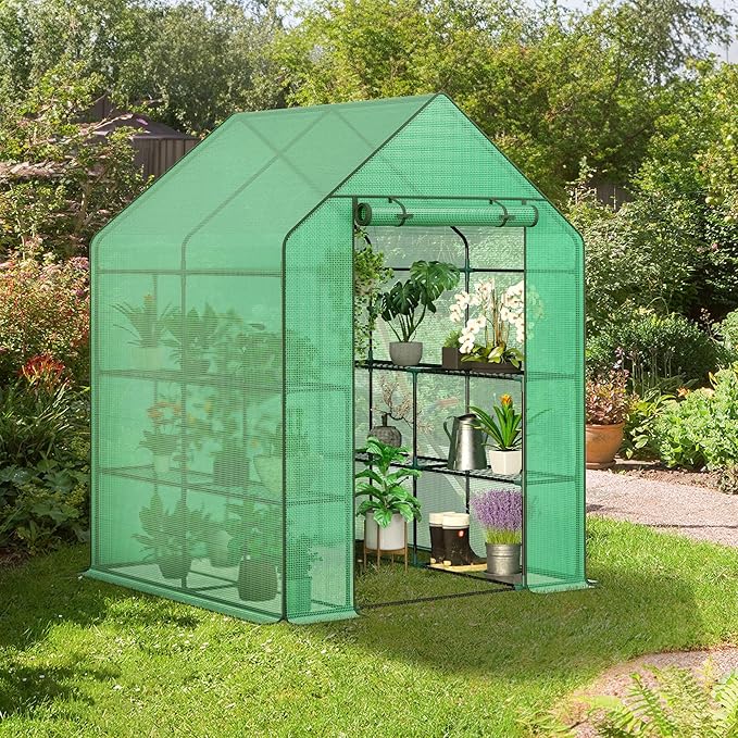 LEMY Walk-in Greenhouse for Outdoors,2-Tier 8 Shelves Heavy-Duty PE Cover with Roll-Up Zipper Door and Windows,Steel Frame Plant Hot House with Anchors,Ropes for Garden,Patio