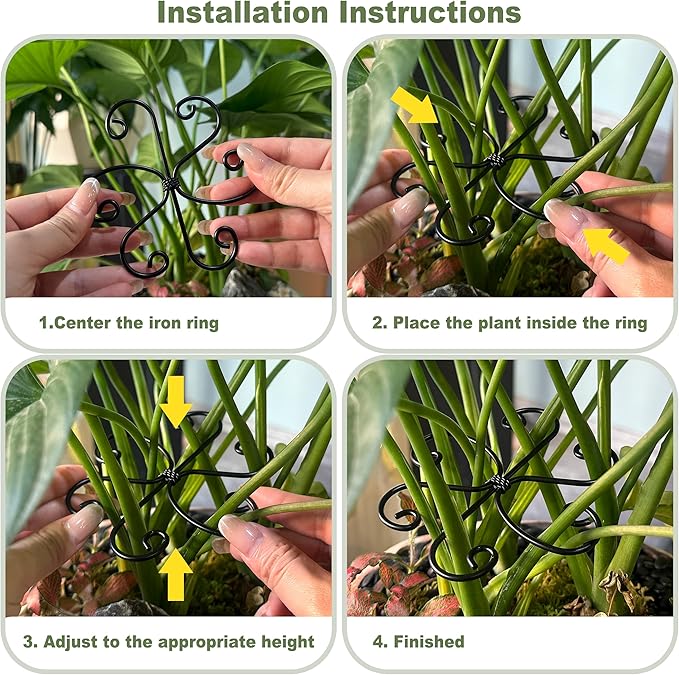 4PCS Metal Plant Stakes for Indoor Plants, 4.3 * 4.1 in Stackable Monstera Stem Support Hook for Growth, Stabilizer for Leaves & Adjustable Clamp Set Accessories for Climbing Plants (Ring)