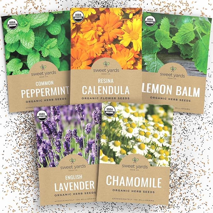 Organic Herbal Tea Seeds Variety Pack - 5 Individual Packs - 2026 Season - Mint, Lavender, Calendula, Chamomile & Lemon Balm. For Indoor & Outdoor Planting (Non-GMO, Certified Organic)