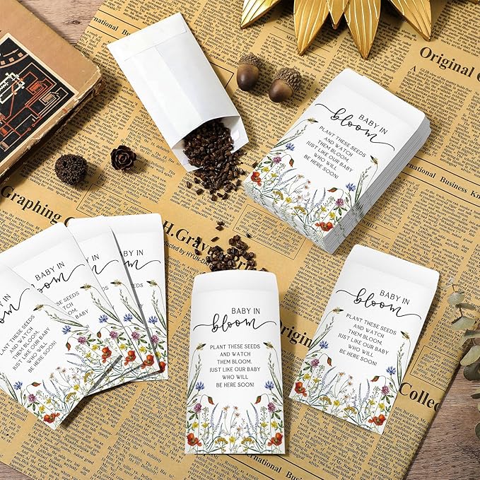 Fumete 75 Pcs Baby in Bloom Seed Packet Favors Wildflower Baby Shower Self Adhesive Envelopes for Guests Flower Packet Kraft Mini Organizer Decorations for Party Gift Favors, No Seeds