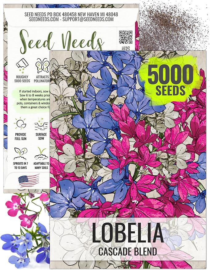 Seed Needs, Cascade Mixture Lobelia Seeds - 5,000 Heirloom Seeds for Planting Lobelia pendula - Colorful Flowers Great for Hanging Baskets, Pots & Containers (1 Pack)