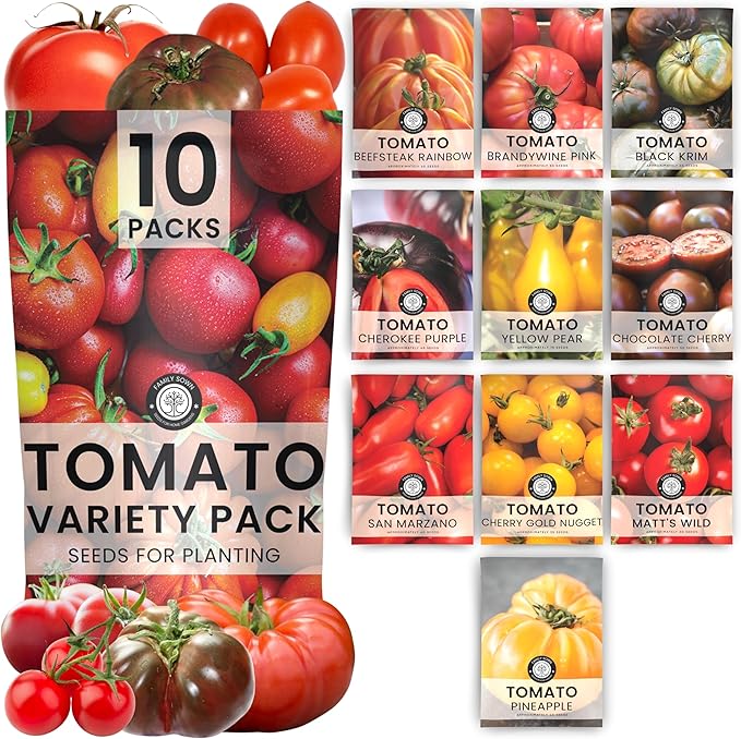Tomato Seeds | 10 Invidiual Packs | 2025 Season | Non-GMO | Roma, Brandywine, Cherry & More! | for Planting Indoor & Outdoor | by Family Sown