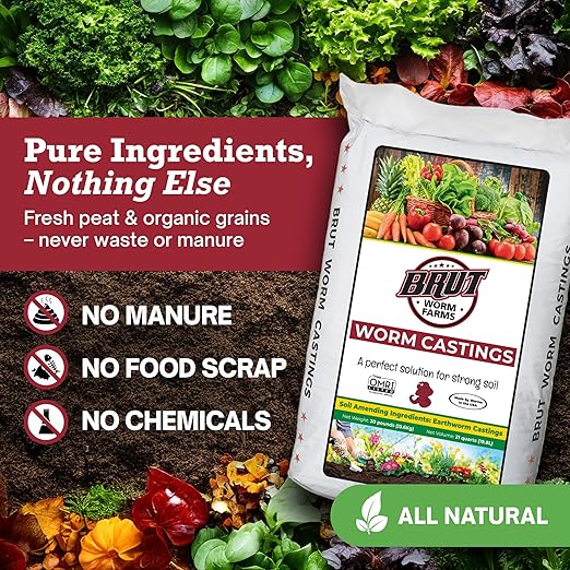 Brut Organic Worm Castings for Plants 30 LB – Natural Nutrients, Fertility Builder, Plant Food for Potting Soil and Garden Soil – Indoor and Outdoor Use