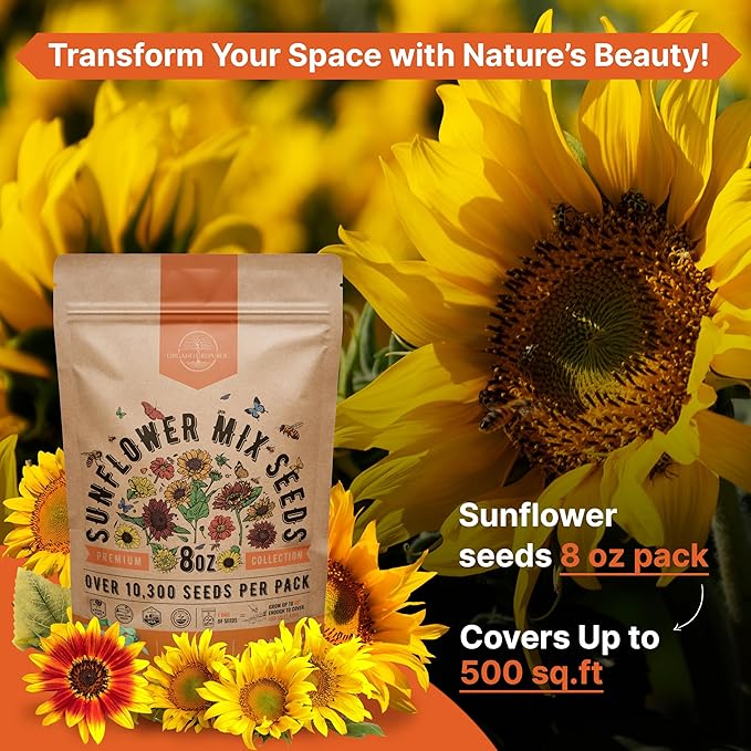 Sunflower Mix Seeds Pack 8 oz - Over 10,300 Non-GMO Heirloom Sunflower Seeds for Planting, Annual Flowers in Individual Seed Packet for Planting Home Garden Indoor & Outdoor Gardening (Pack of 2)