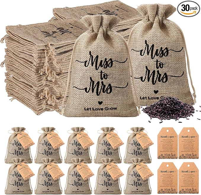 30 Sets Wildflower Seed Packets Bulk Bridal Shower Party Gifts for Guests Prizes Miss to Mrs Burlap Favor Bags Wildflower Seed Packets Party Favors with Thank You Cards Tags Twine, No Seeds