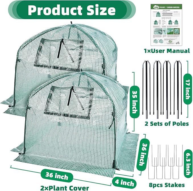 2 Packs Plant Cover Freeze Protection Blanket, 36''x36''x35'' Outdoor Garden Fabric Cover with Poles and Stakes for Winter Frost, Frost Covers for Small Trees, Shrubs, Green