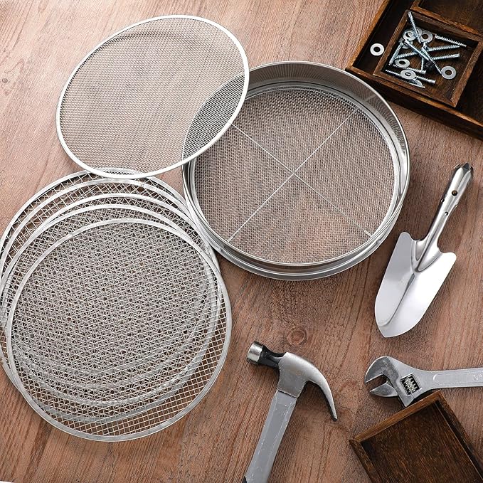 Bonuci 10 Pcs 12 Inch Soil Sieve Stainless Steel Sieve Set Garden Soil Sifter Potting Mix Sifter with 8 Interchangeable Filter Mesh 2, 3, 5, 6, 7, 9, 10, 12 mm and Shovel for Garden Compost(Silver)