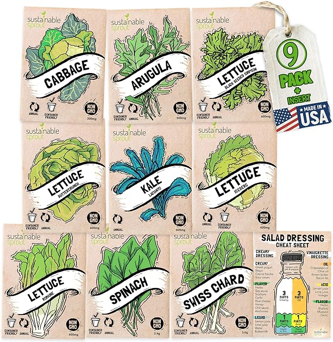 Lettuce Seeds for Planting: 9 Salad Greens Seed Packets, Hydroponics Heirloom Lettuce Bibb Romaine Kale Spinach Cabbage Swiss Chard Arugula Vegetables Variety Pack 100% Non-GMO by Sustainable Sprout