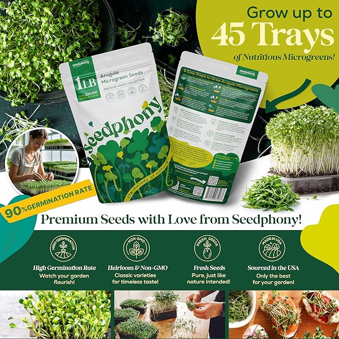 Arugula Sprouting & Microgreens Seeds - 220,000 Non-GMO Heirloom Seed, 1lb Resealable Bag - High-Germination Arugula Seeds for Sprouting in Jars, Soil, Hydroponics & Microgreen Trays