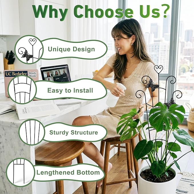 32.6in Plant Trellis for Climbing Plants Indoor with Butterflies, Expandable Large Metal Trellis for Potted Plants, Heavy-Duty Tall Pothos Plant Climber Support for Ivy Pothos Hoya Monstera, 2P