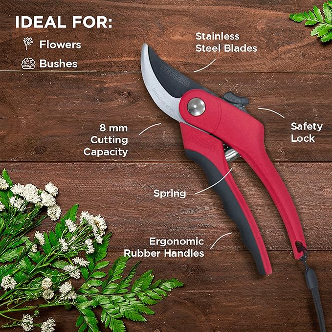 Nevlers 8" Red Bypass Pruning Shears for Gardening | Heavy Duty Garden Shears & Hand Pruners | Stainless Steel Plant Trimmer Blades w/ 8mm Cut Cap | Ergonomic Spring-Assisted Garden Clippers Handheld