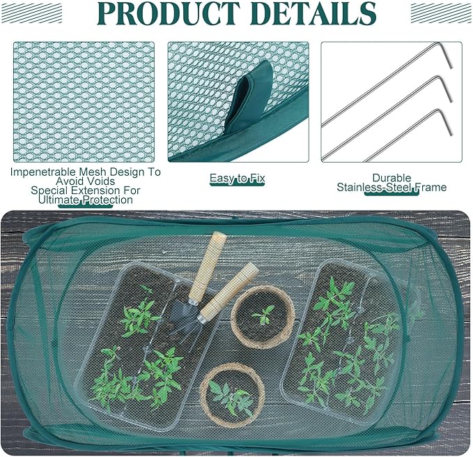 4 Pcs 39" x 18" x 16" Pop up Garden Mesh Plant Cover Outdoor Plant Protector Garden Row Raised Bed Cover with Ground Nails Crop Cage Net for Seedlings Vegetable Fruit Herbs (Dark Green)