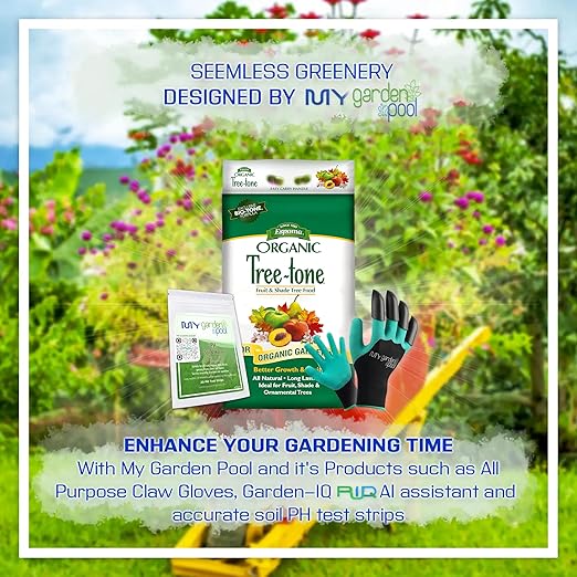 Espoma TR18 Organic Tree-Tone 6-3-2; 18 lb. Bag with My Garden Pool PH Soil Test Strips 20 ct, and My Garden Pool Superior Gardening Claw Gloves and Garden-IQ, Smart Gardening AI Assistant!