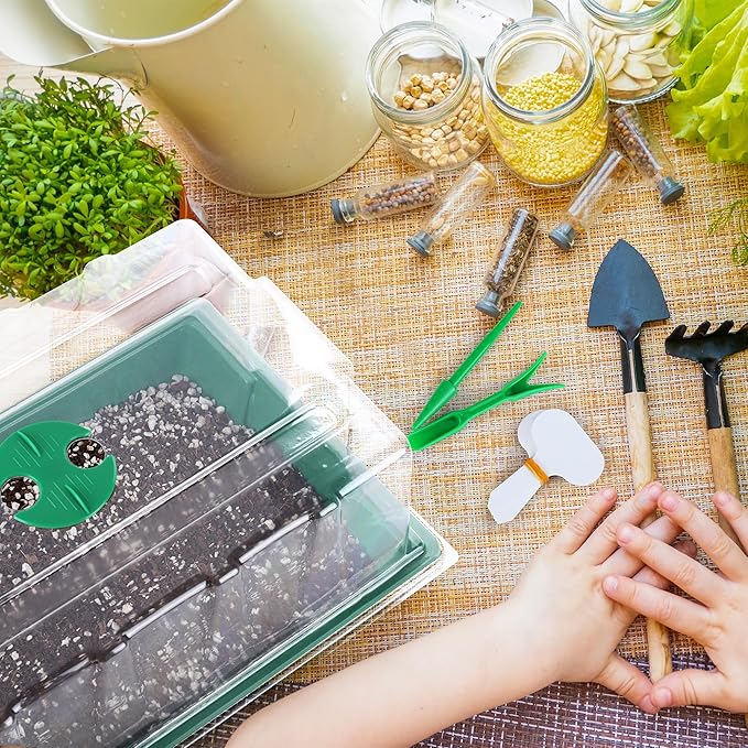 6 Packs Seed Starter Tray Kits with Humidity Dome, Plastic Germination Growing Trays with Plants Labels Planting Tools for Seeds Growing Starting, Germination Seedling Propagation, Green