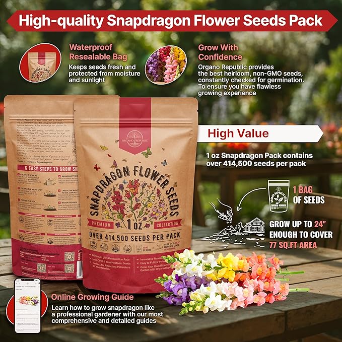 414,500+ Snapdragon Flower Seeds Pack 1 oz - Non-GMO Heirloom Snapdragon Seeds for Planting Indoor & Outdoor Gardening, Flower Seed for Home and Garden in Individual Packet, Floral Perennial Mix