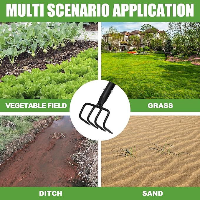 Long Hand Cultivator, Carbon Steel & Stainless Steel Tiller Cultivator, Garden Cultivator with Telescopic Handle and Soft Handle Cover, Hand Tiller for Digging Loosening Weeding