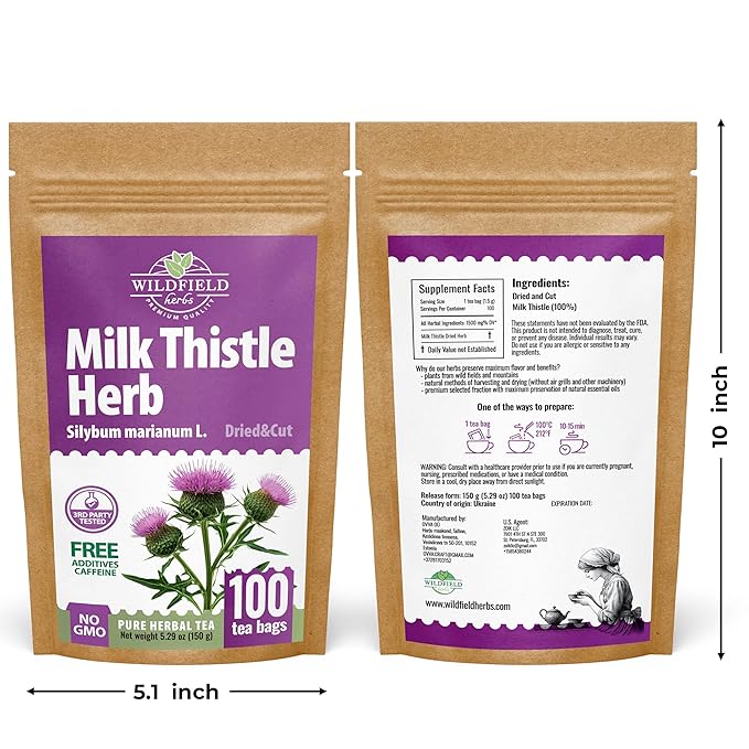 100 Bags Milk Thistle Tea Herb Dried Cardo Mariano Herbal (Silybum Marianum) - 100 Count 1.5g Tea Bags Dry Milk Thistle Herb Cardo De Leche