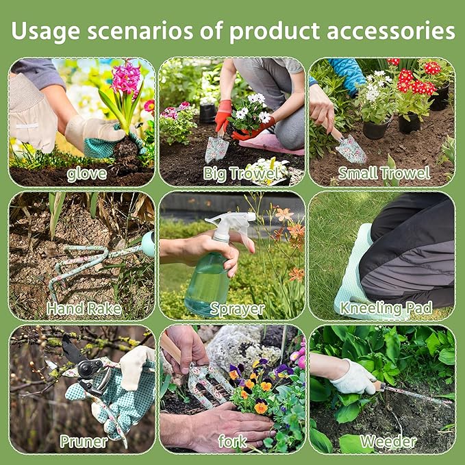 10-Piece Floral Garden Tools Set with Tote Bag, Heavy Duty Gardening Kit with Pruning Shears, Trowels, Rake, Sprayer, Kneeling Pad & Gloves - Gift for Women, Gardener, Mother's Day