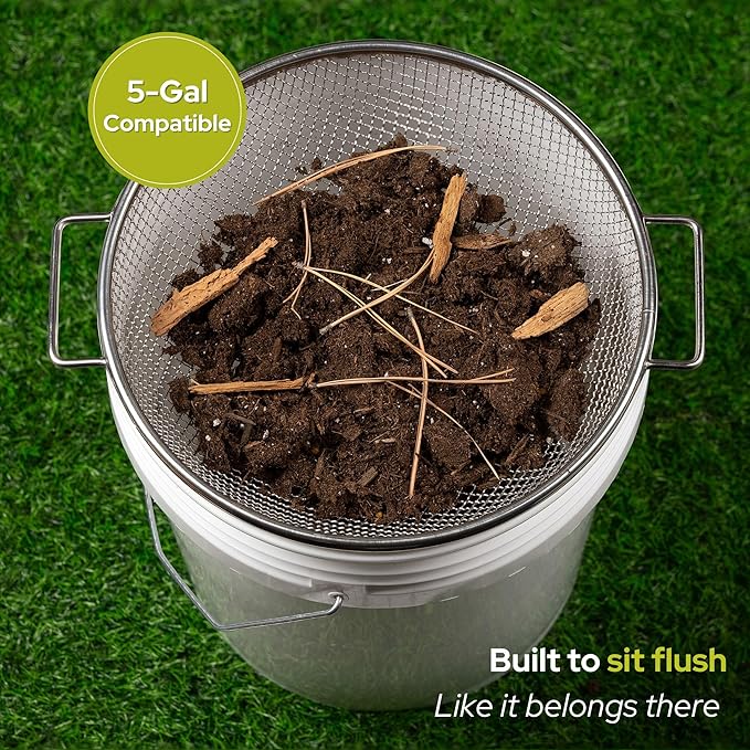 Round Soil Sifter for 5-Gallon Bucket (3/8-inch Mesh), Stainless Steel Garden Sieve with Handles