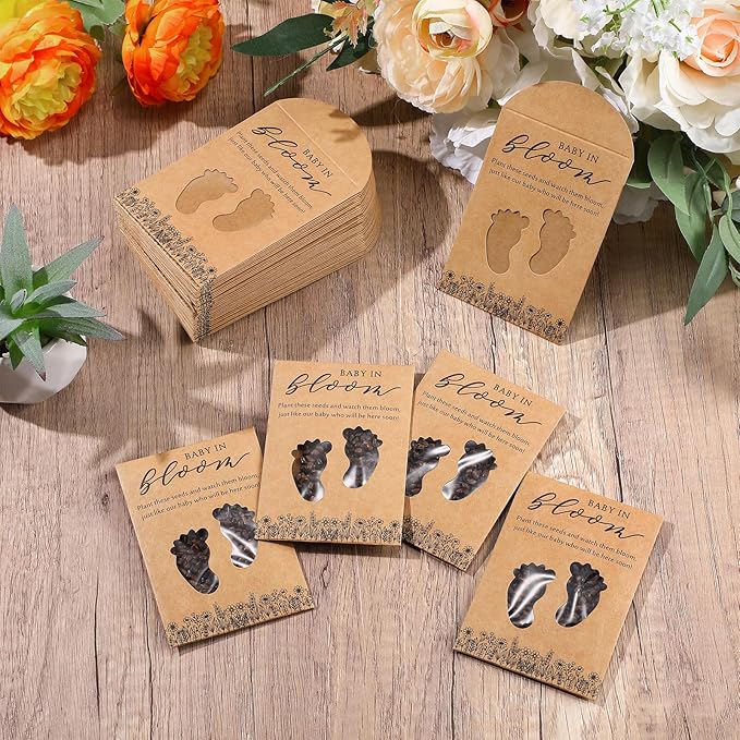 Fumete 50 Pack Baby in Bloom Seed Packets Baby Shower Party Favor for Guest Envelopes Kraft with Clear Window Resealable Seed Organizer Storage Bag for Gender Reveal Party, No Seeds(Footprints)