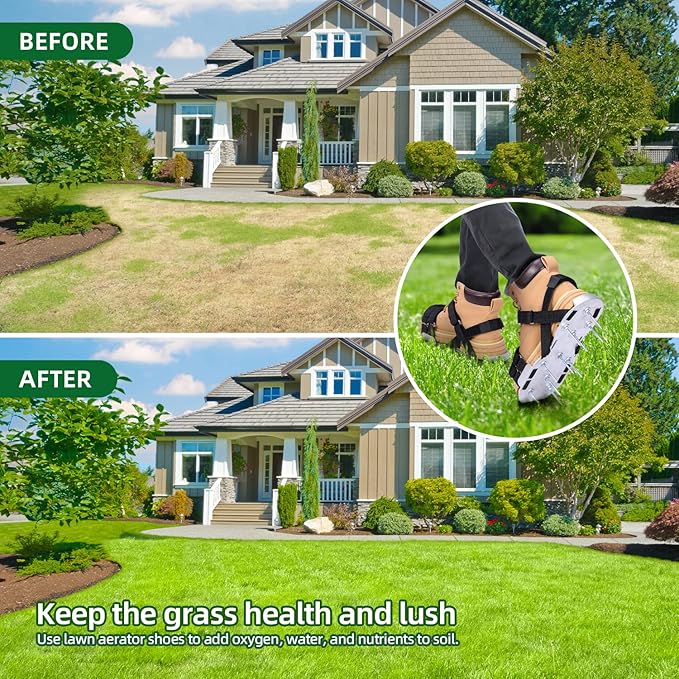 Ohuhu Metal Lawn Aerator Shoes, Upgraded Aluminum Aerating Shoe with 2.2" Durable Spikes, Free-Installation Spiked Sandals with Stainless Steel Shovel for Yard Patio Garden Grass