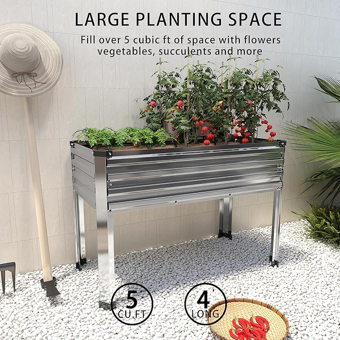 DIIYIV Galvanized Raised Garden Bed with Legs,48×18×30in Elevated Planter Box for Backyard,Outdoor Garden, Patio, Balcony, 300lb Capacity,Silver