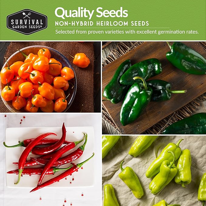 10 Pepper Seed Packs for Planting | Jalapeño, Serrano, Cayenne, Bell, Habanero, Poblano & More – Hot & Sweet Heirloom Non-GMO Peppers Collection – Survival Garden Seeds