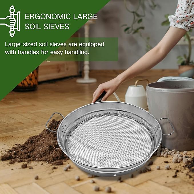 14.5“ Soil Sifter for Gardening with Handles, Large Rock Sifter with 4 Replaceable Screens,Compost Sifter Dirt Sifter, Captures Dirt Rocks Sawdust