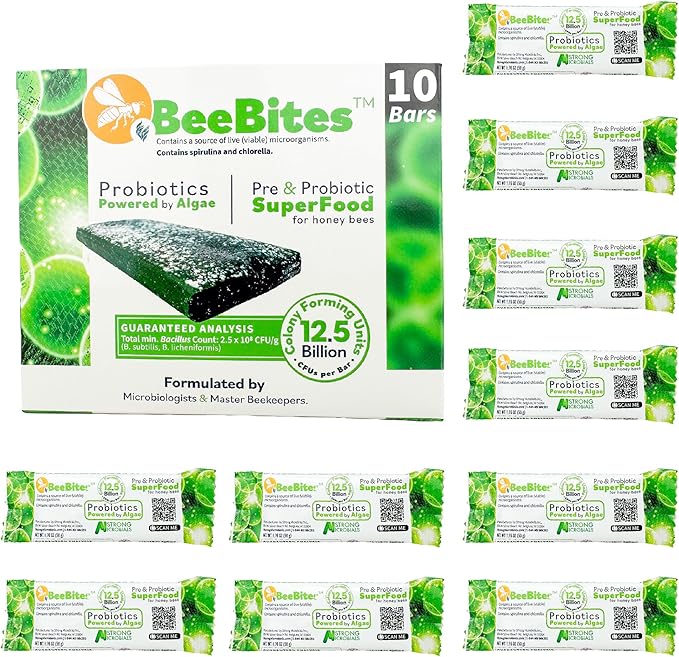 STRONG MICROBIALS BeeBites: SuperFood for Healthy Hives - Honey Bee Fondant with Spirulina and Chlorella - Probiotics Powered by Algae - Best Food for Queen Immunity - 10 Bars (50g Each)