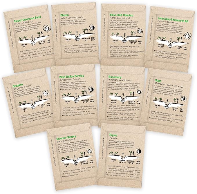 Culinary Herb Seeds Variety Pack: 10 Spice Herbs, Hydroponic Garden Indoors, Heirloom Planting Basil, Parsley, Sage, Thyme, Rosemary, Cilantro, Chives Dill Oregano, Summer Savory by Sustainable Sprout
