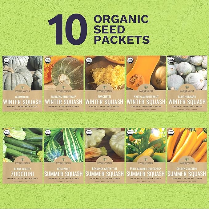 Organic Squash Seeds (Summer and Winter) Variety Pack - 10 Individual Packs - 2026 Season - Cocozelle, Spaghetti, Butternut, Golden Zucchini and More! for Indoor & Outdoor Planting