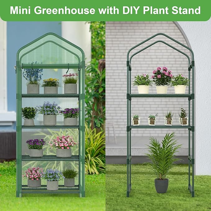 Kecreque Mini Greenhouse 4-Tier Small Greenhouses for Outdoor Indoor 27"x19"x63" Portable Greenhouse w/ Screen Windows & Waterproof PE Cover Green House for Backyard Balcony Seedling Raising