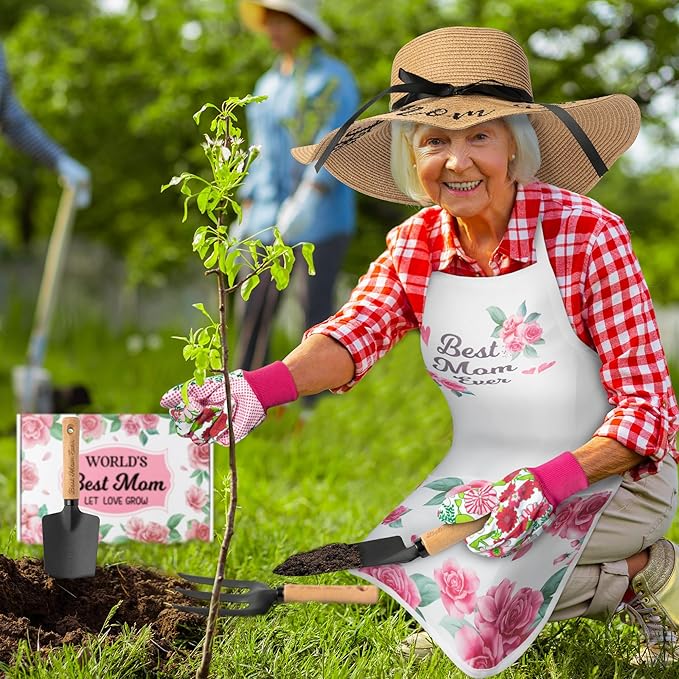 A1diee Mom Garden Tool with Box-Hand Rake Transplanter Apron Trowel Straw Hat Planting Gloves Gardening Set Outdoor Horticulture Starter for Best Mother in Law Plant Lover (Pink)
