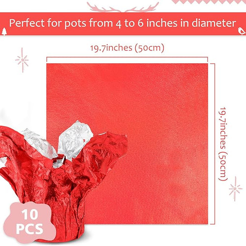 10 PCS Foil Wrap for Potted Plant, 19.7×19.7 inches Red Floral Foil Plant Pot Covers, Matte Texture Wrapping Paper for Christmas Plant Pot, Foil Wrapping Paper for DIY Christmas Flower Pot (Red)