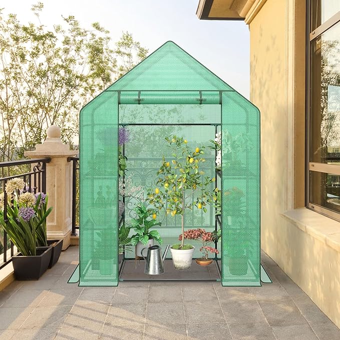LEMY Mini Walk-in Greenhouse 3 Tiers 6 Shelves with PE Cover,Roll-Up Zipper Door and Mesh Windows,Anchors Ropes for Outdoor Garden,Backyard,Patio,Grow Vegetables,Flowers and Herbs