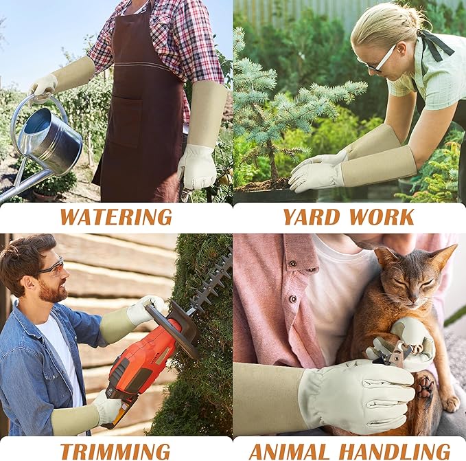 HANDLANDY Pruning Gloves Long for Men & Women, Pigskin Leather Rose Gardening Gloves- Breathable & Durability Gauntlet Glove