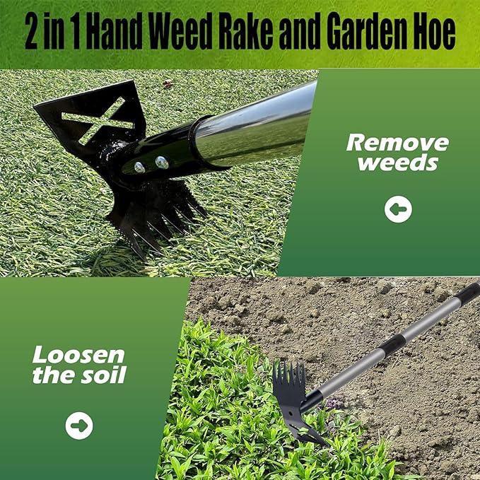 Weed Puller Tool with Long Handle, 60'' Weed Remover Weeding Tool, 2 in 1 Hand Weed Rake and Garden Hoe for Gardening, Uprooting Weeding Tool for Yard, Lawn, Patio, Garden