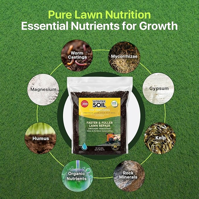 Premium Nutrient Rich Lawn Top Dressing Turf Expanding Coco Coir Mix – 10 LB Covers up to 400 sq. ft. – Grow Thicker Greener Grass in Drought Heat Conditions – Save Water, Seed, & Fertilizer