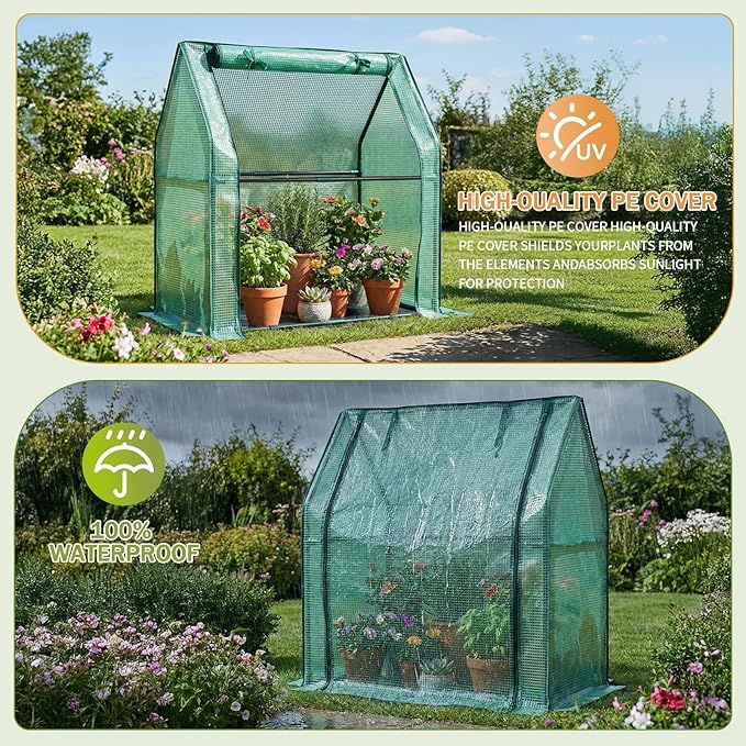 Outvita Mini Greenhouse, Outdoor 3'x3'x3' UV Protected 2-Layer PE Cover Plant Hot House for Flowers, Seed and Vegetables Protection with Roll-up Zippered Doors for Patio Balcony Backyard