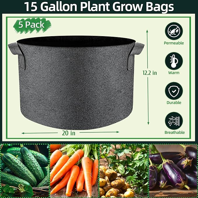5 Pcs Grow Bags Plant Grow Bags Multi-Purpose Nonwoven Fabric Pots with Durable Handles,Outdoor Garden Plant Pots for Vegetables Fruits Flowers Herb Succulent Bonsai Plants