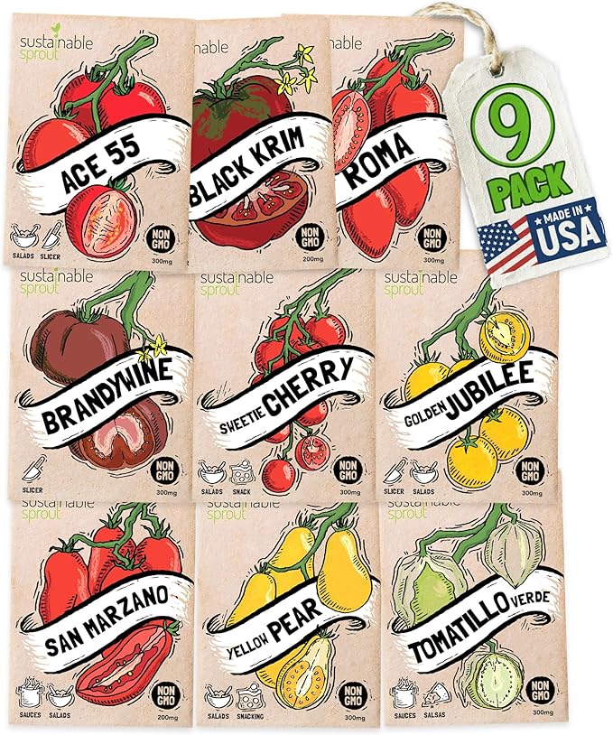 Heirloom Tomato Seeds For Planting: 9 Tomato Variety Pack: Cherry, Brandywine Beefsteak, Yellow Pear, Golden Jubilee, Plum Roma, Tomatillo, Ace 55 San Marzano Organic Tomato Seeds by Sustanible Sprout