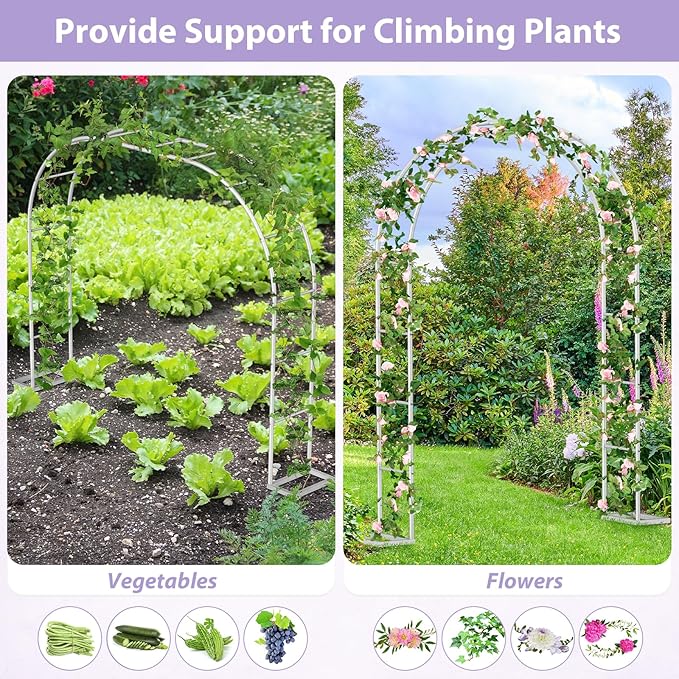 Sunexinlo Garden Arch Trellis with Base, 5.3'W x 7.6'H or 7.9'W x 6.3'H Wedding Arch, Metal Garden Trellis for Climbing Plants Outdoor Wedding Christmas Bridal Party Decoration, White