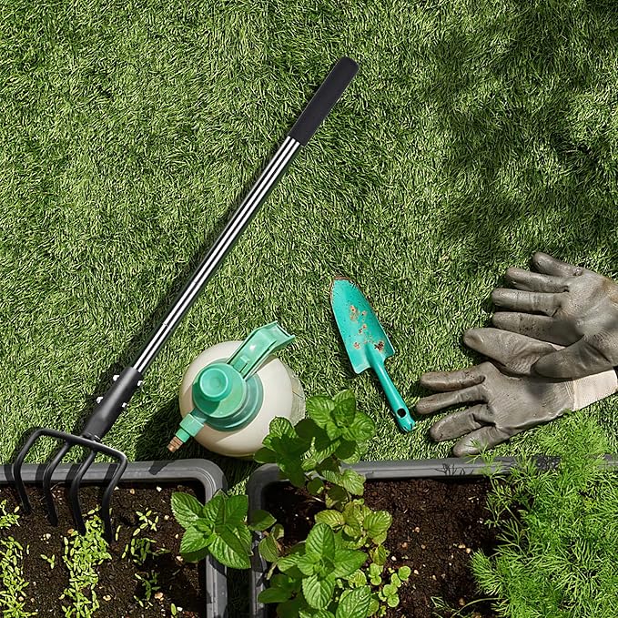 Long Hand Cultivator, Carbon Steel & Stainless Steel Tiller Cultivator, Garden Cultivator with Telescopic Handle and Soft Handle Cover, Hand Tiller for Digging Loosening Weeding