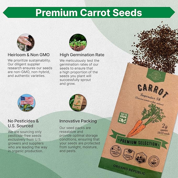Organo Republic Imperator 58 Carrot Seeds Pack 2G - Over 1800 of Non-GMO Heirloom Carrot Seeds for Planting Vegetables in Individual Seed Packet, Vegetable Seeds for Planting Indoor & Outdoor Garden
